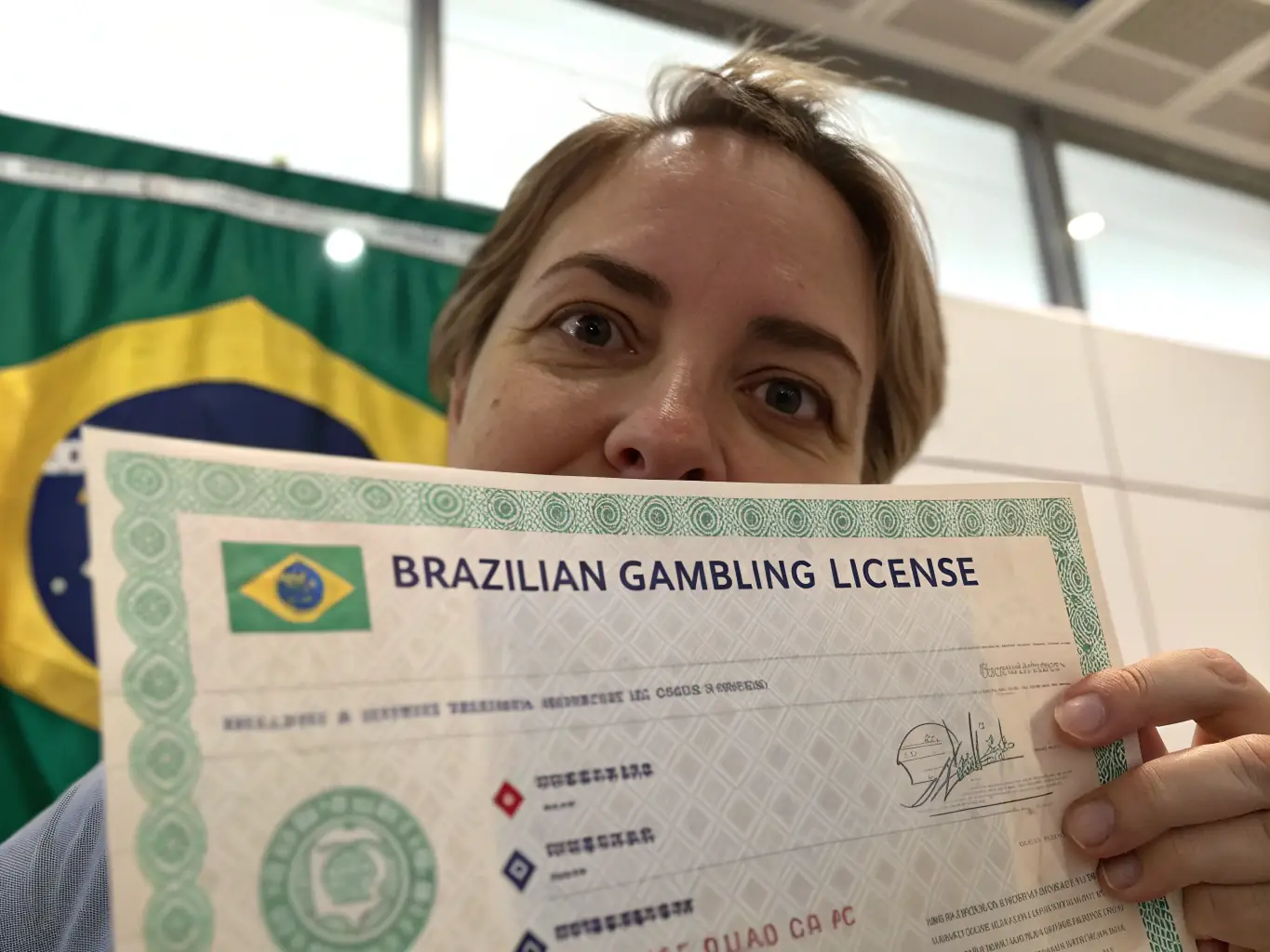 A person holding a Brazilian license for online gambling, with a background showing the Brazilian flag and various online 1win cassino logos.