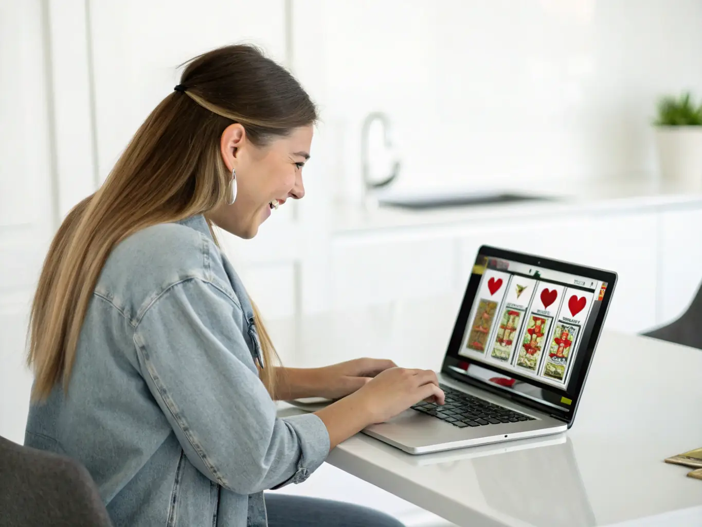 An image of a person studying 1win cassino game rules on a laptop, with colorful chips and cards on the table, symbolizing the learning process.