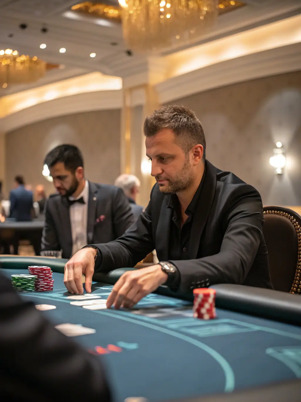 A professional poker player in a serious pose, holding a winning hand of cards, with 1win cassino chips stacked in the background, conveying the skill and strategy involved in poker.