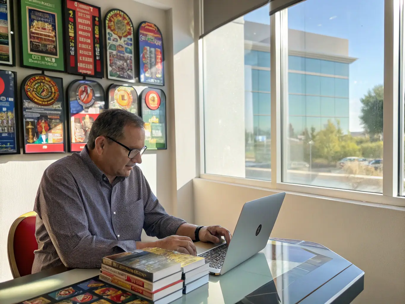 A person thoughtfully reviewing responsible gambling tips on a laptop, with a serene and focused expression, in a well-lit, comfortable environment.